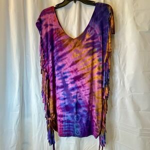 Jayli Women Sz L Tunic Mudmee Sunset Tie Dye Fringe Ties Hippie Boho Festival